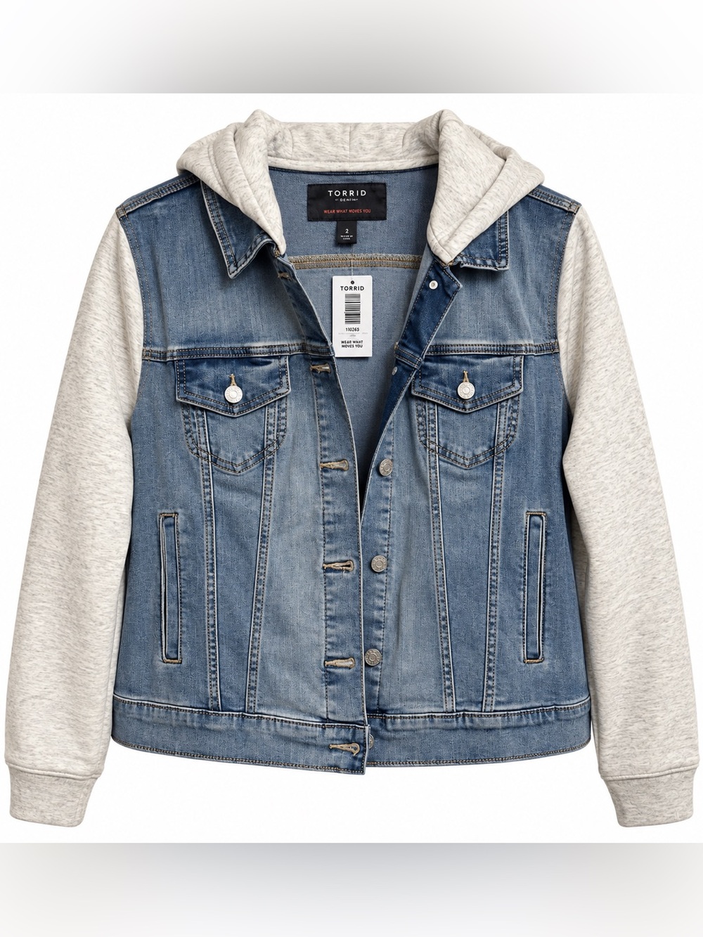 torrid Blue Denim Jacket with Light Gray Hoodie Sleeves